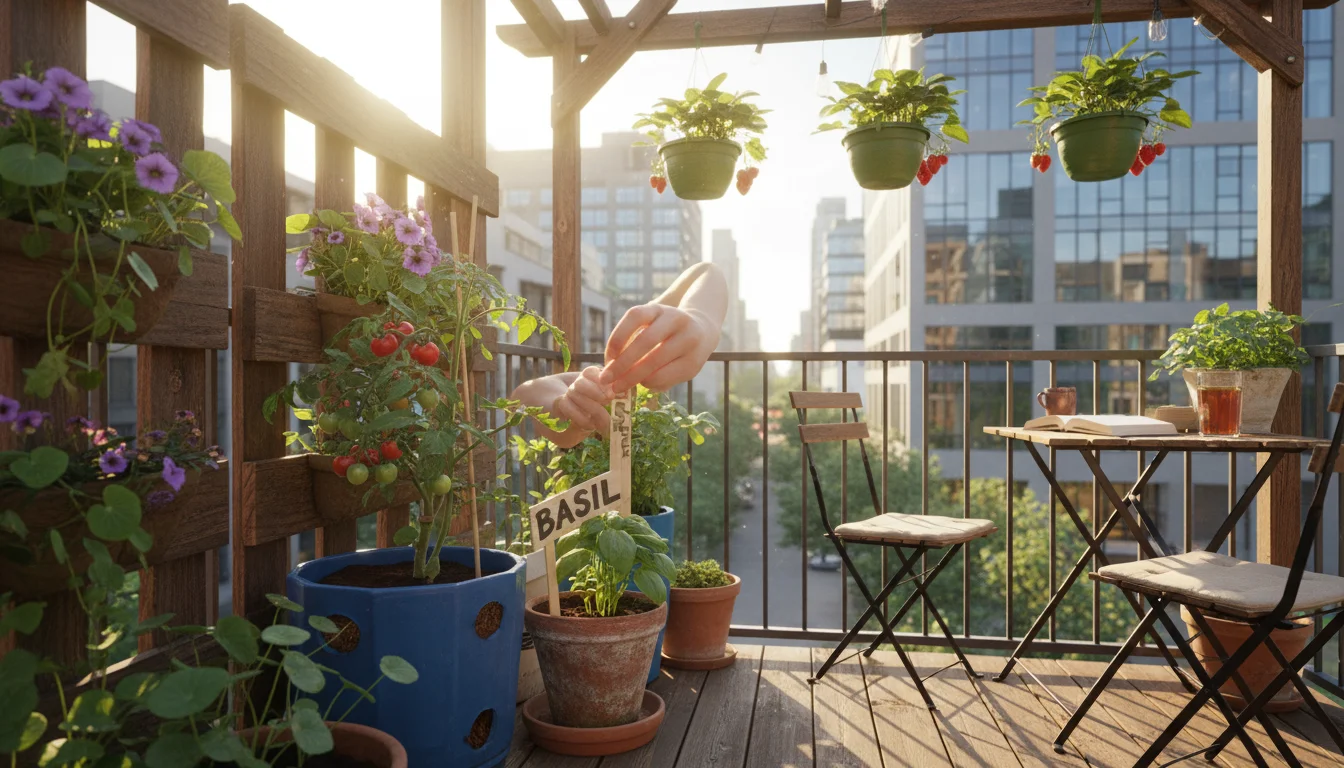 A resourceful small-space balcony garden featuring DIY plant labels, repurposed twig supports for a tomato plant, and seed-starting cells made from pl