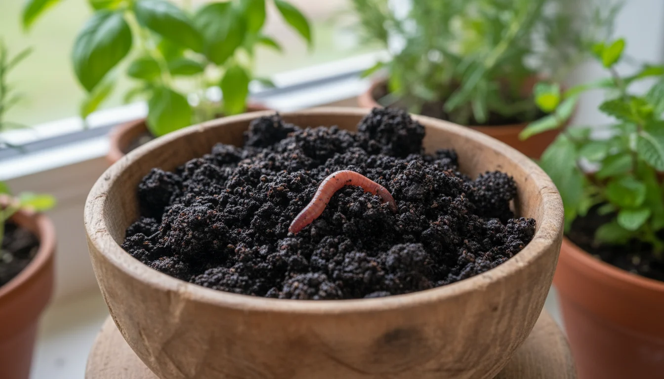 Close-up of rich, dark, crumbly worm castings in a rustic wooden bowl. A subtle earthworm is visible, with blurred vibrant potted plants behind.