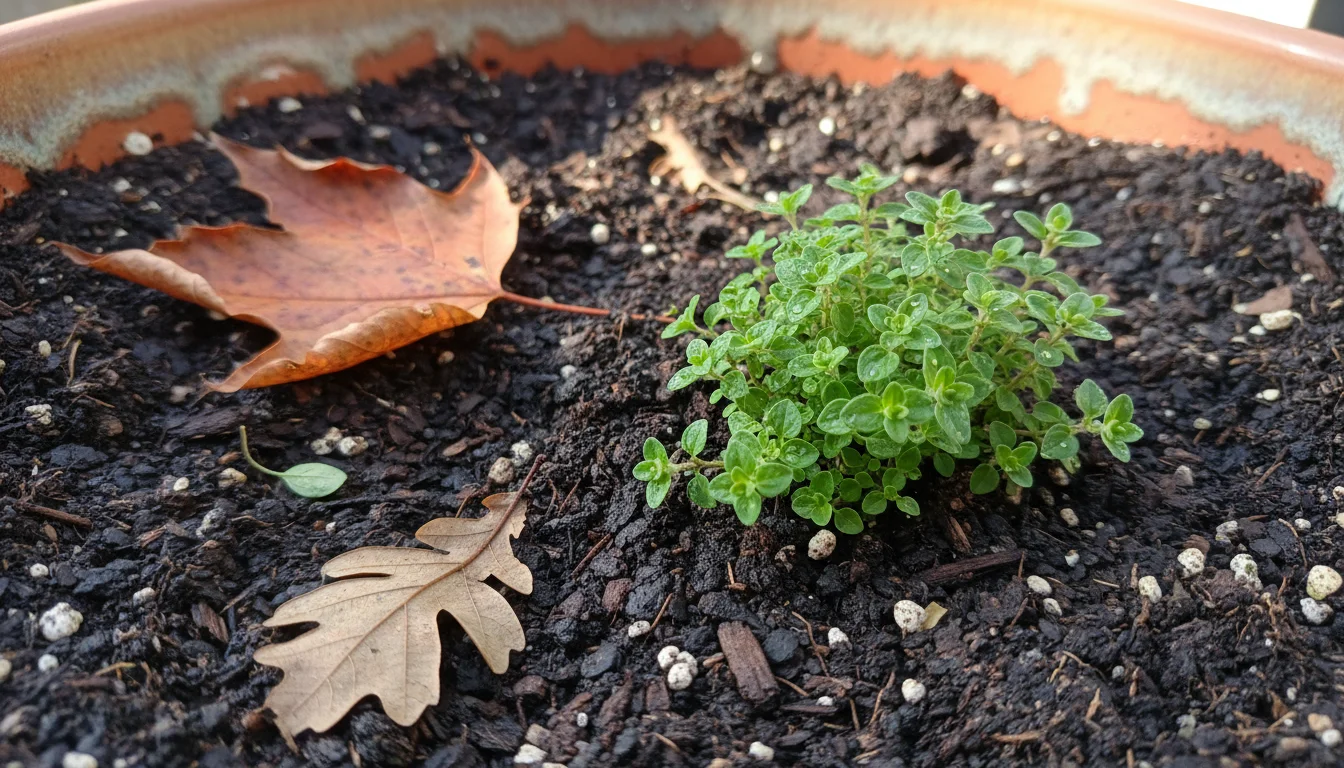 Close-up of rich potting soil in a ceramic planter, covered with decomposing leaves, a vibrant herb growing through them.