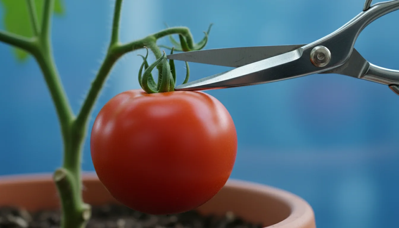 Close-up of a ripe red tomato on its vine, with sharp pruning shears positioned to snip its stem just above the calyx. Blurred indoor grow light backg
