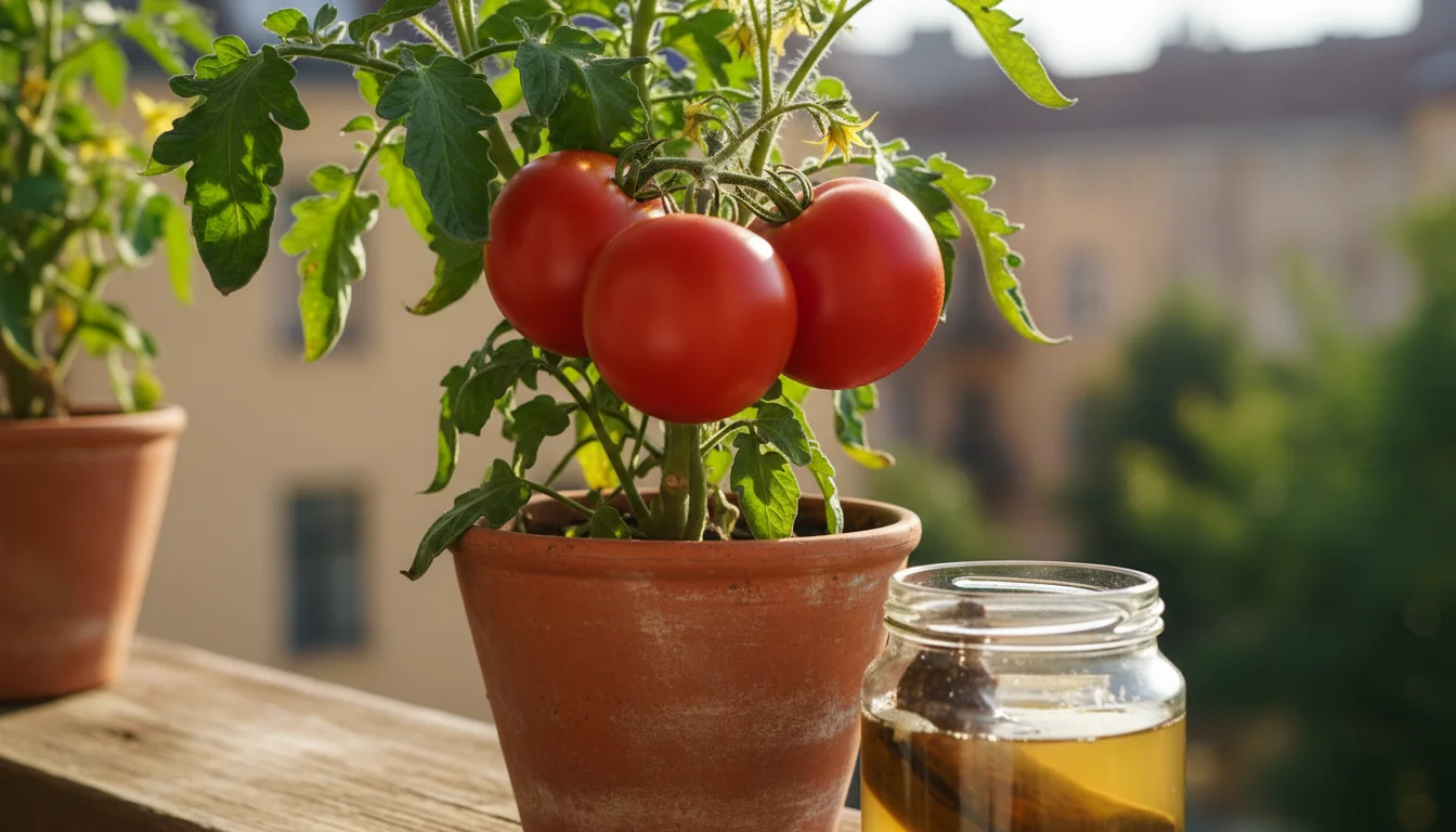 Close-up of ripe red tomatoes on a balcony plant in a terracotta pot, with a blurred glass jar containing a banana peel in water nearby.