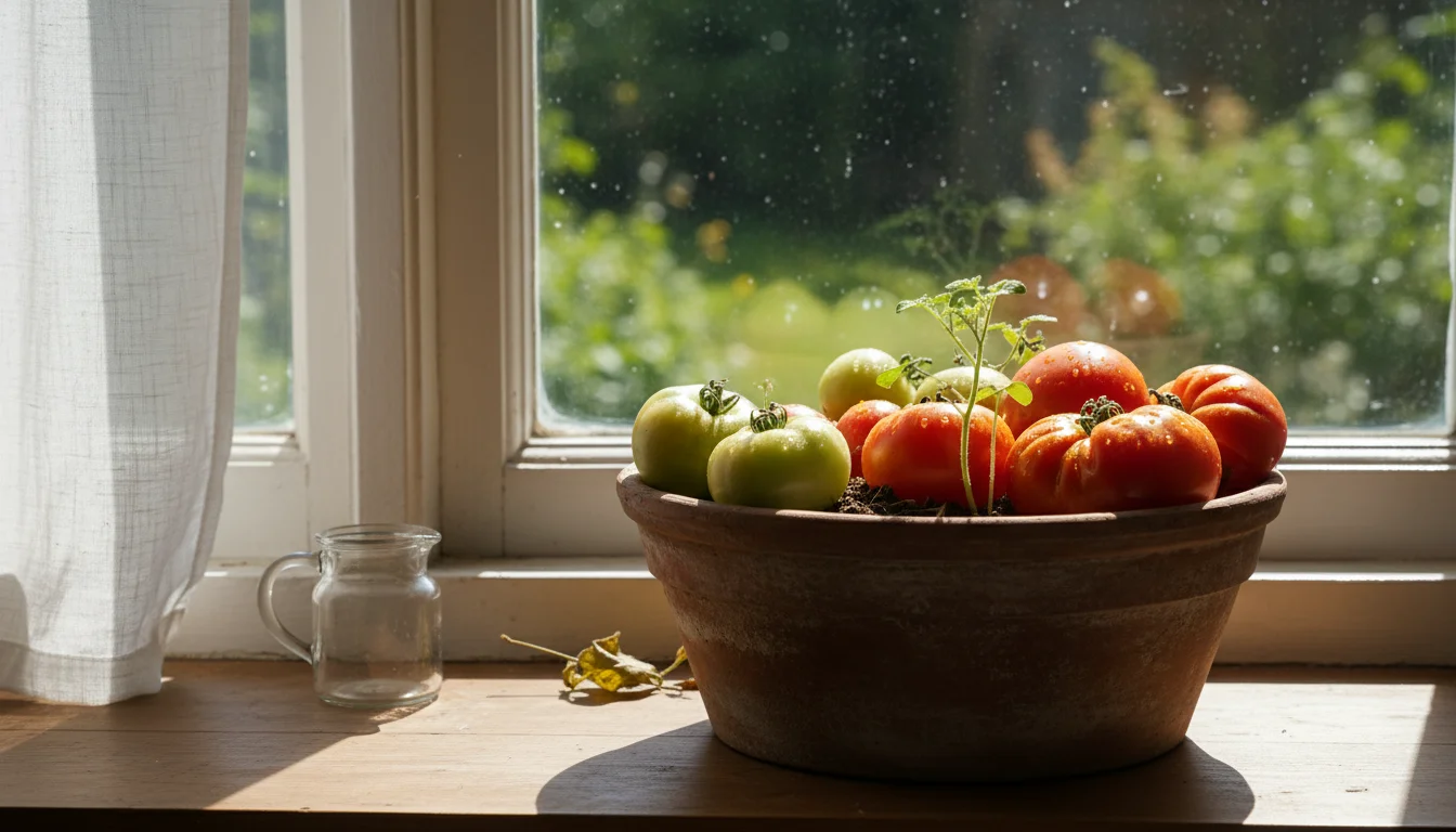 Ripe and unripe tomatoes in a terracotta pot on a sunny kitchen windowsill, some showing signs of sun damage.