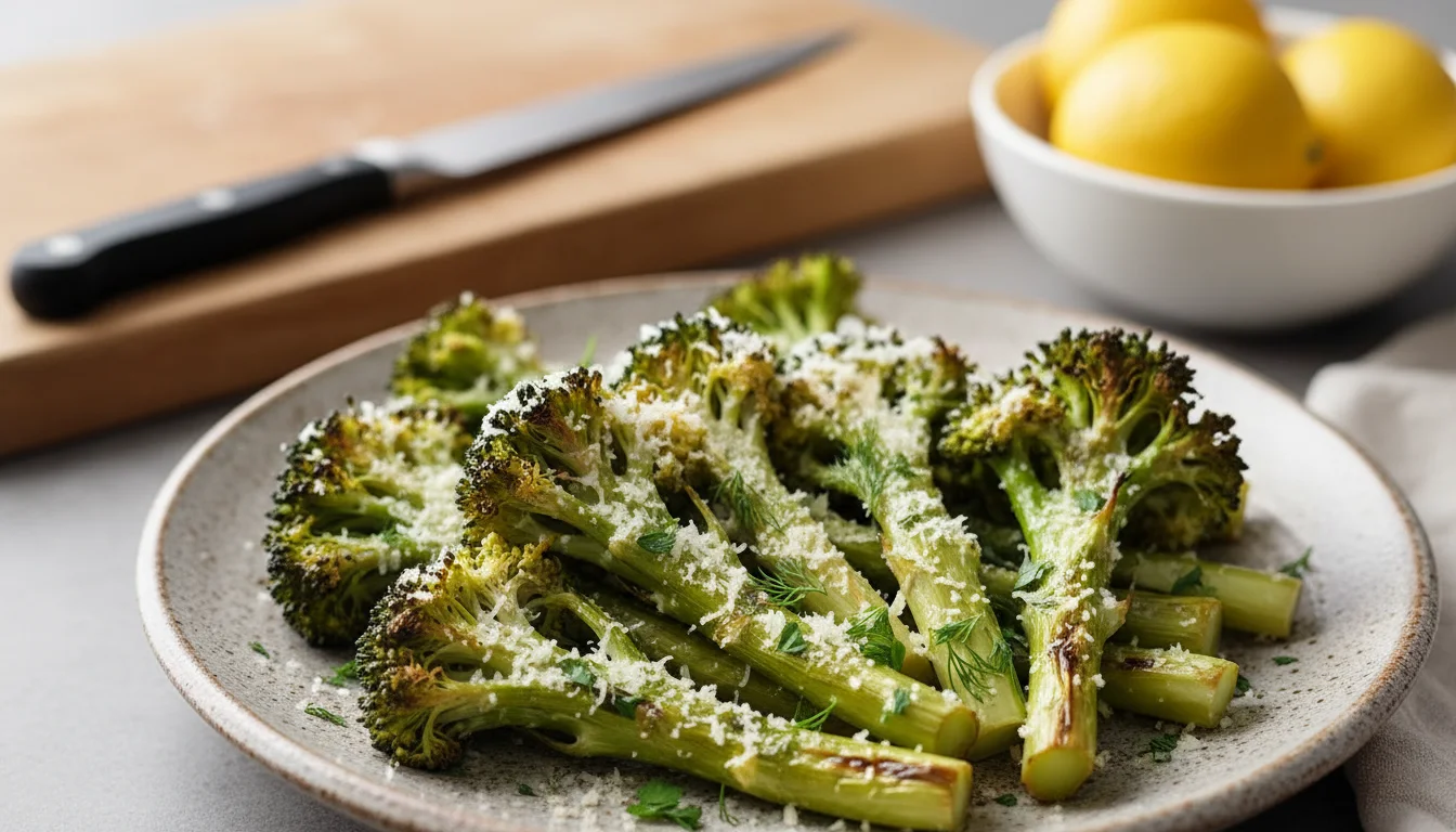 Roasted broccoli stems, golden-brown and seasoned with Parmesan and herbs, served on a ceramic plate.