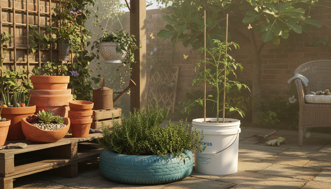A robin's egg blue tire planter, white food bucket, cream laundry basket, and painted tin cans repurposed as planters for herbs and flowers on a sunny