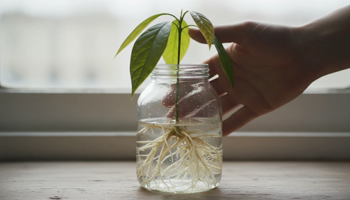 Robust avocado seedling in clear glass, showing 4-6 inch roots and a tall stem with mature leaves, a hand behind for scale.