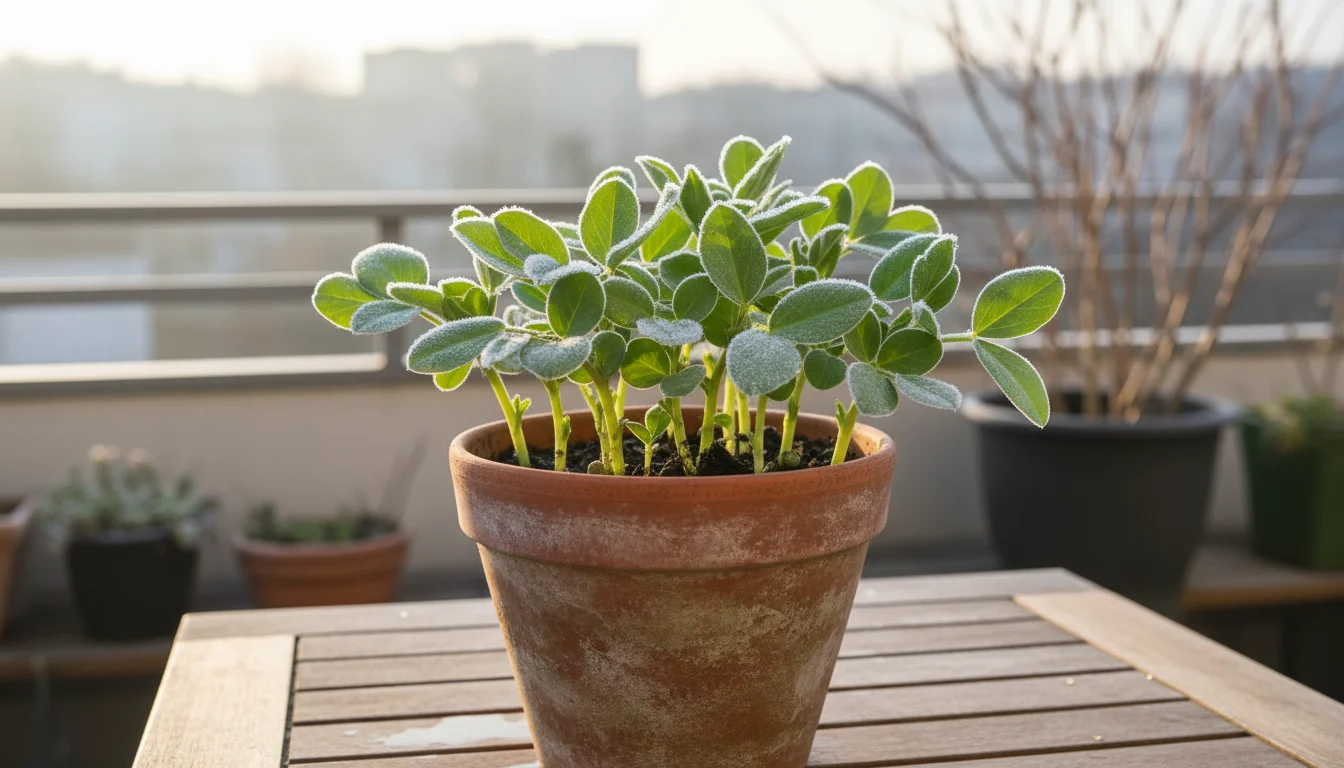 Robust fava bean plants in a terracotta pot with a delicate layer of frost on their leaves on a wooden table.