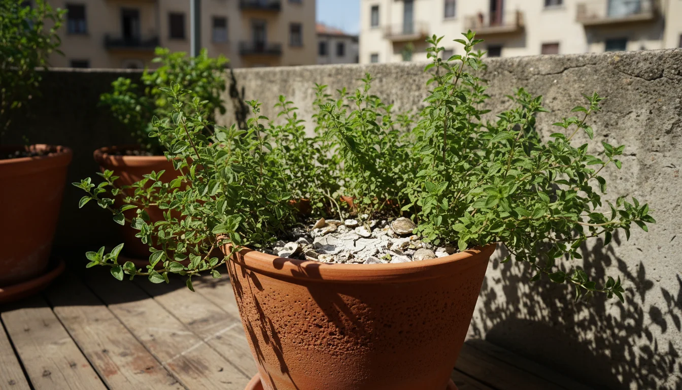A robust Greek oregano plant thriving in a sun-drenched terracotta pot on a balcony, its leaves casting sharp shadows, with dry, pebbled soil.