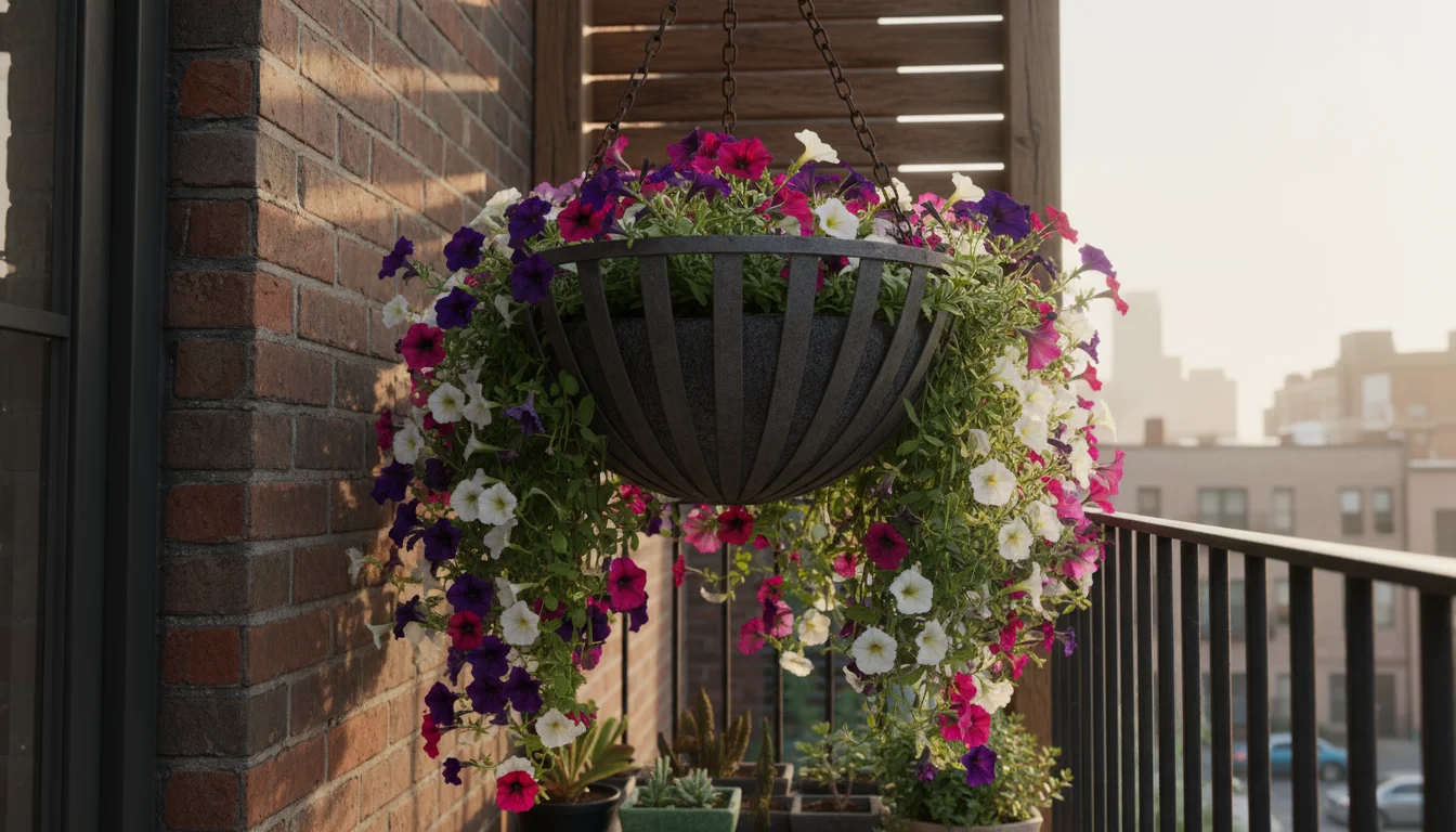 A robust metal hanging basket with petunias, secured by a sturdy chain, hangs under a balcony overhang in a sheltered corner.