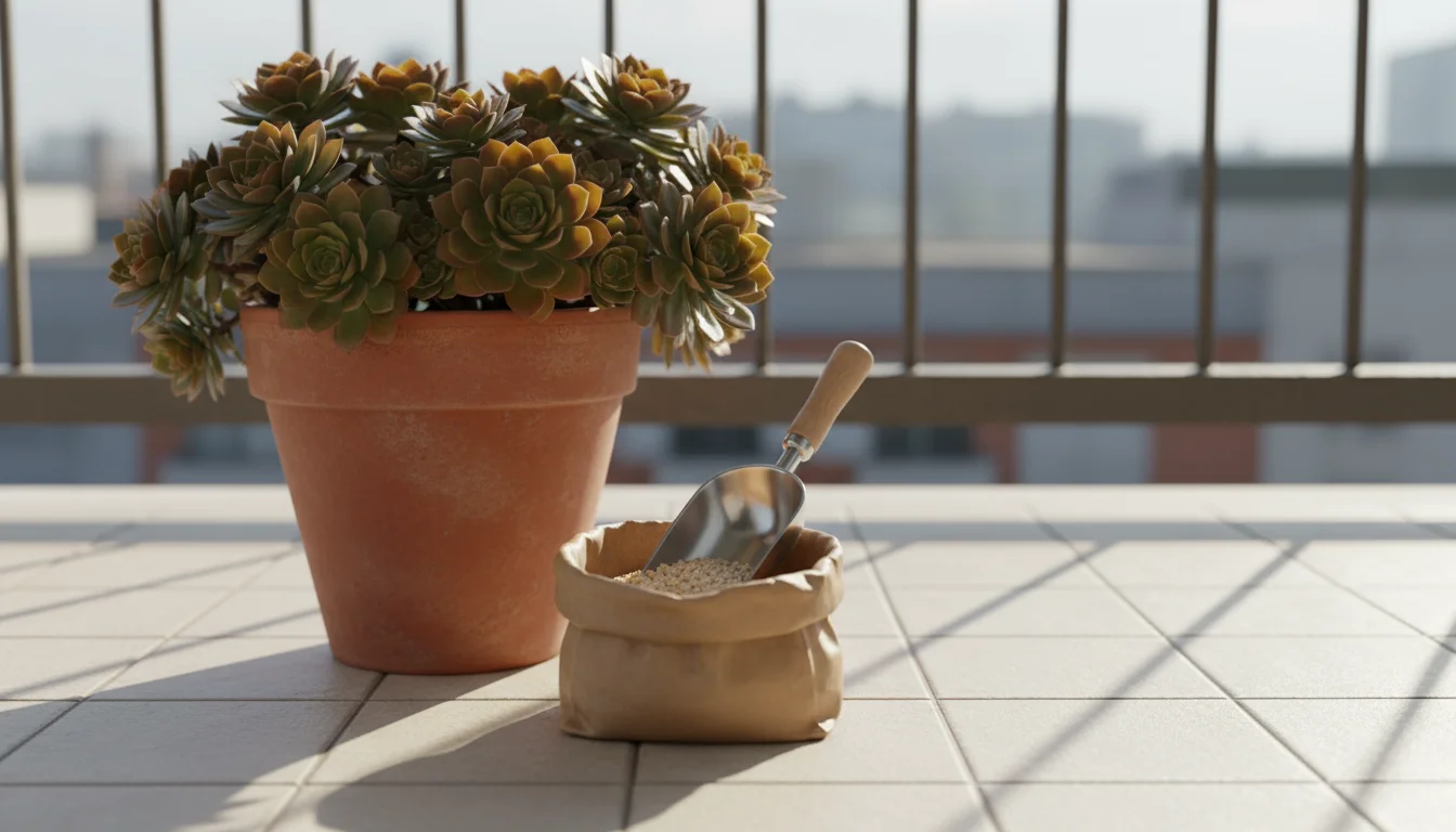 Robust sedum in a terracotta pot on a balcony in autumn, with an unused plant food bag and scoop nearby.