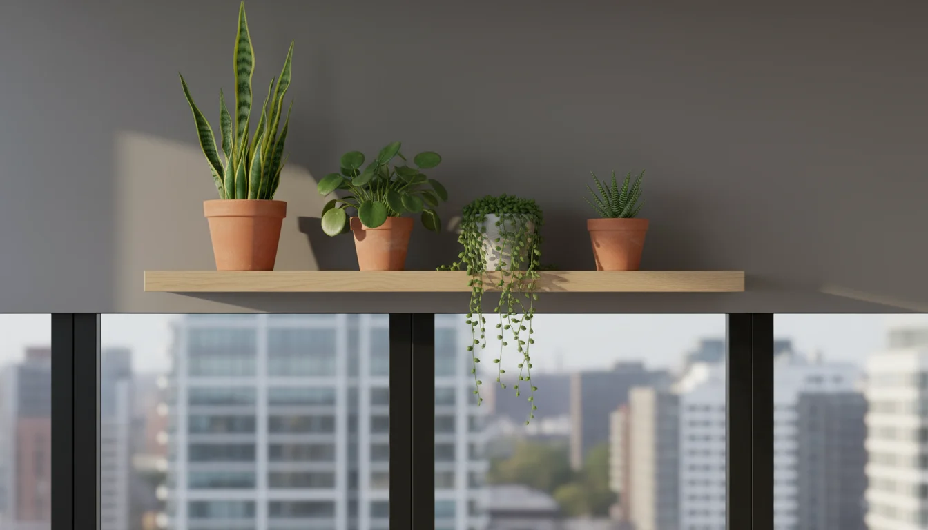 A robust snake plant in a terracotta pot and a ZZ plant in a gray ceramic pot sit on a light wooden shelf in a well-lit apartment.