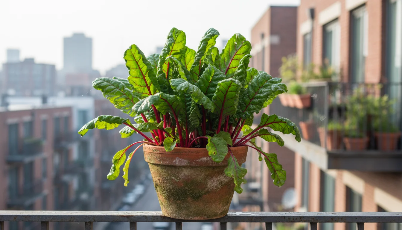 Robust Swiss chard, still green and harvestable, in a terracotta pot on a balcony during a mild winter day, with visible signs of recent leaf picking.