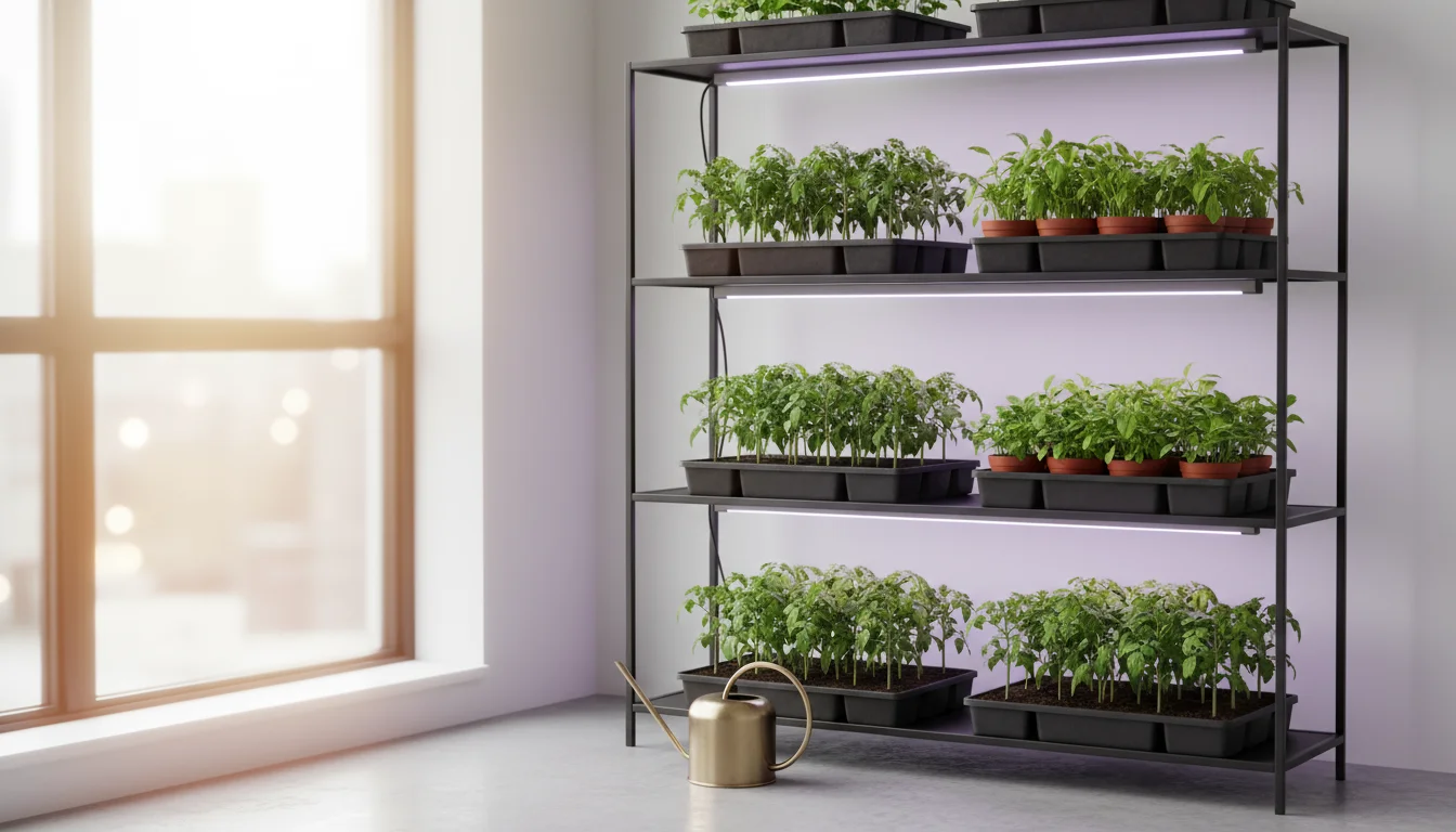 Robust tomato, pepper, and herb seedlings thrive under LED grow lights on a minimalist three-tiered shelf in an apartment corner.