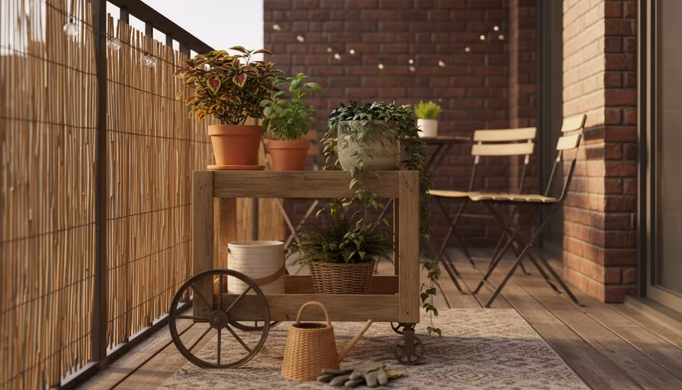 Rolling plant caddy on a sun-dappled balcony, holding various potted plants. Half of the caddy is in warm sunlight, the other half in deep shadow, dem