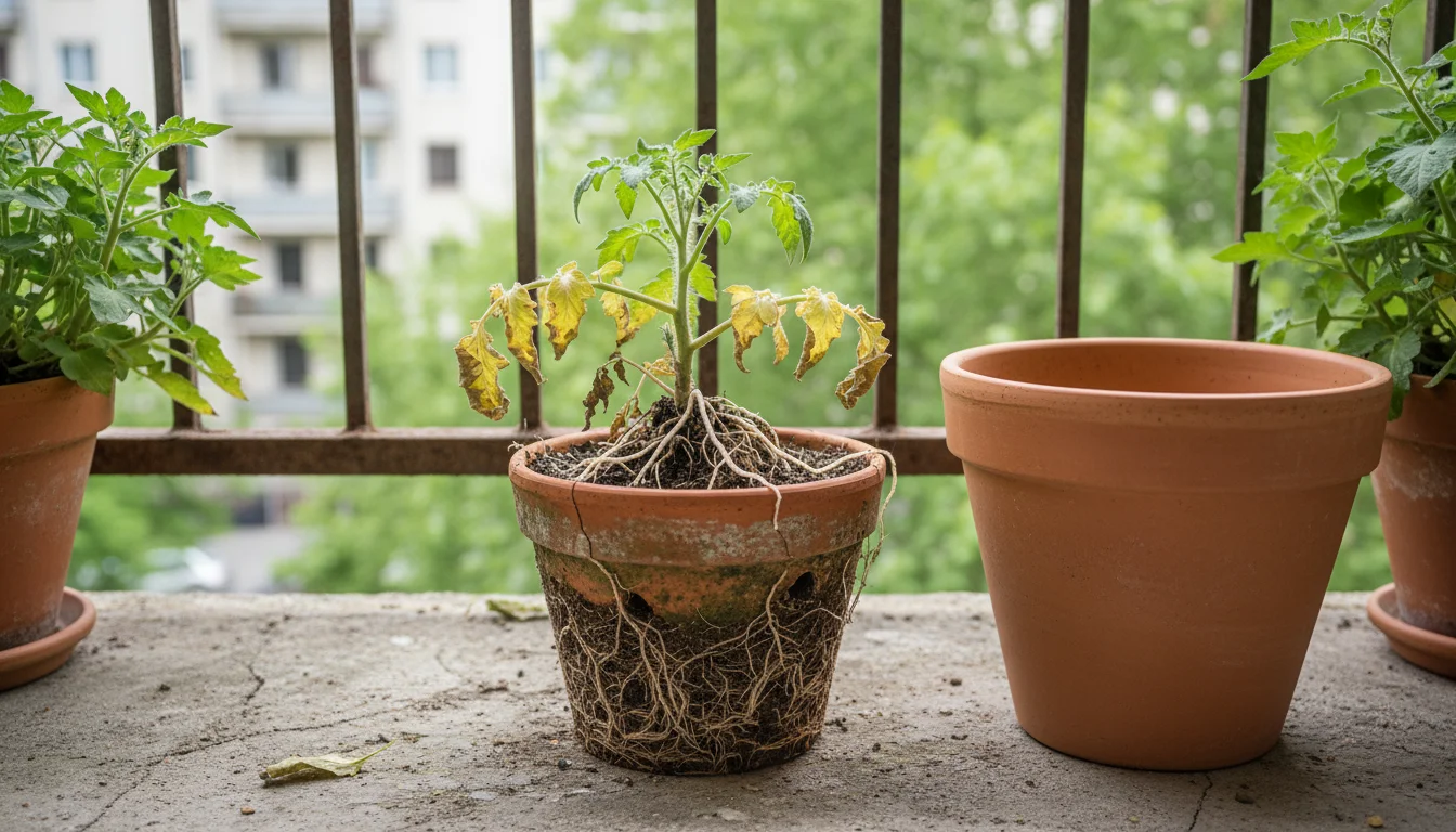 A root-bound tomato plant in a small terracotta pot next to a larger, empty pot on a concrete balcony, showing a common pot sizing mistake.