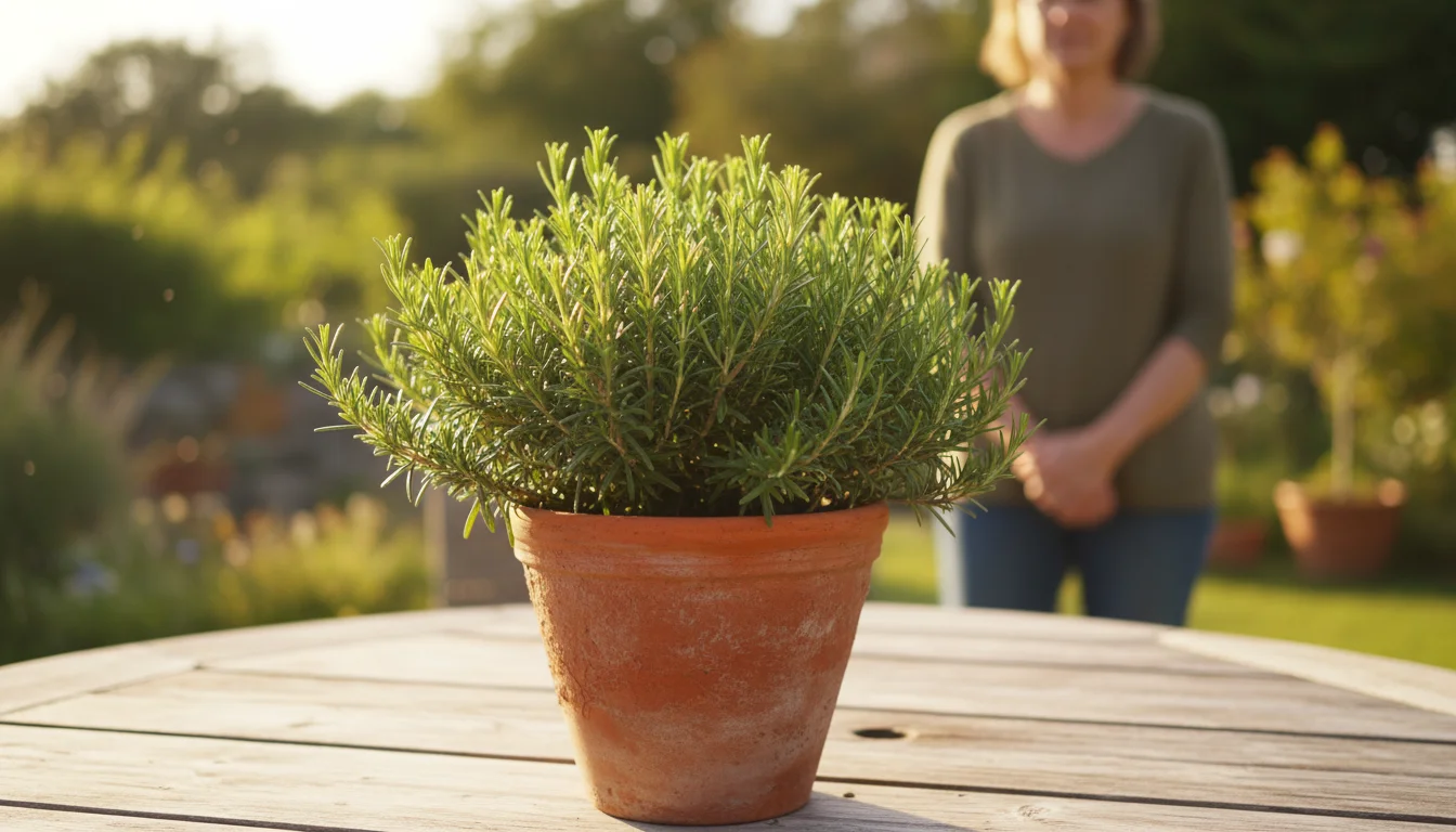 A rosemary bush in a terracotta pot on a wooden patio table, showing new growth. A person stands observing it in warm light.