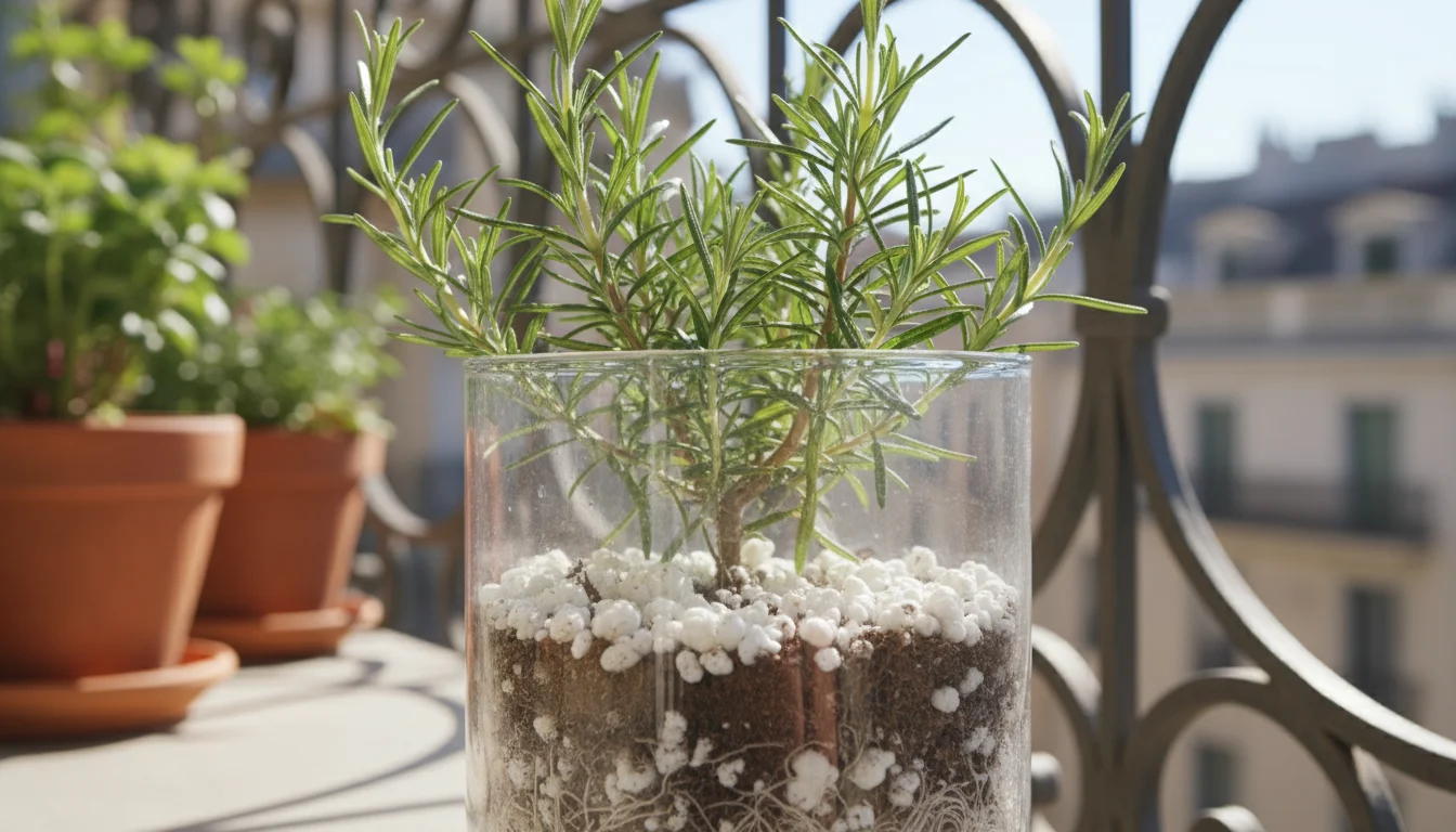 Close-up of a rosemary plant in a clear pot, revealing white perlite mixed into dark soil with healthy white roots visible through the glass.