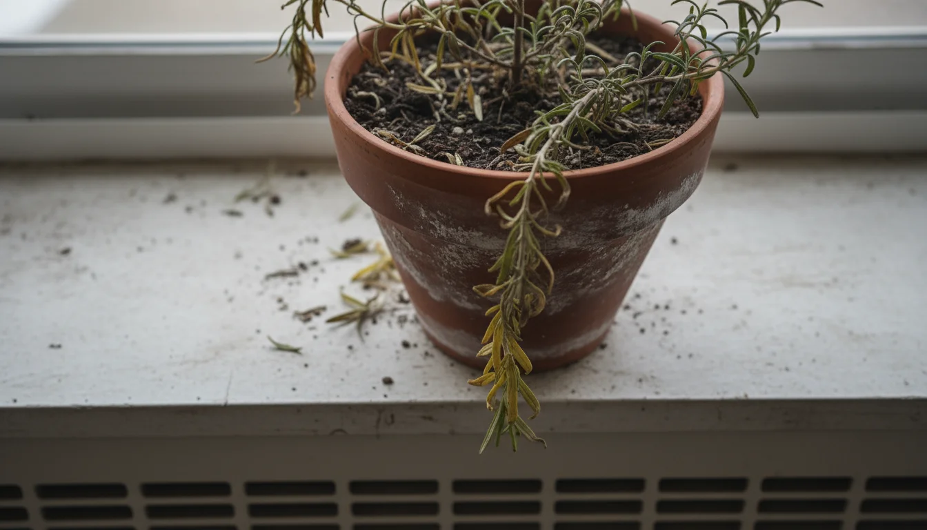 A rosemary plant in a terracotta pot on a dusty windowsill, with yellowing, crispy leaves and fallen dry leaves. A heating vent is blurred in the back
