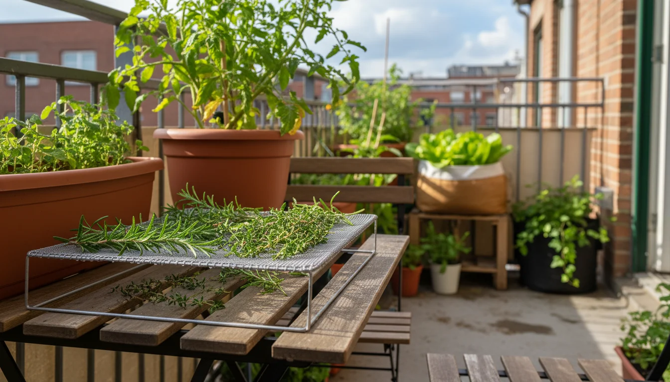 Rosemary and thyme sprigs drying on a mesh screen on a small wooden table on a sunny balcony, with blurred potted plants in the background.