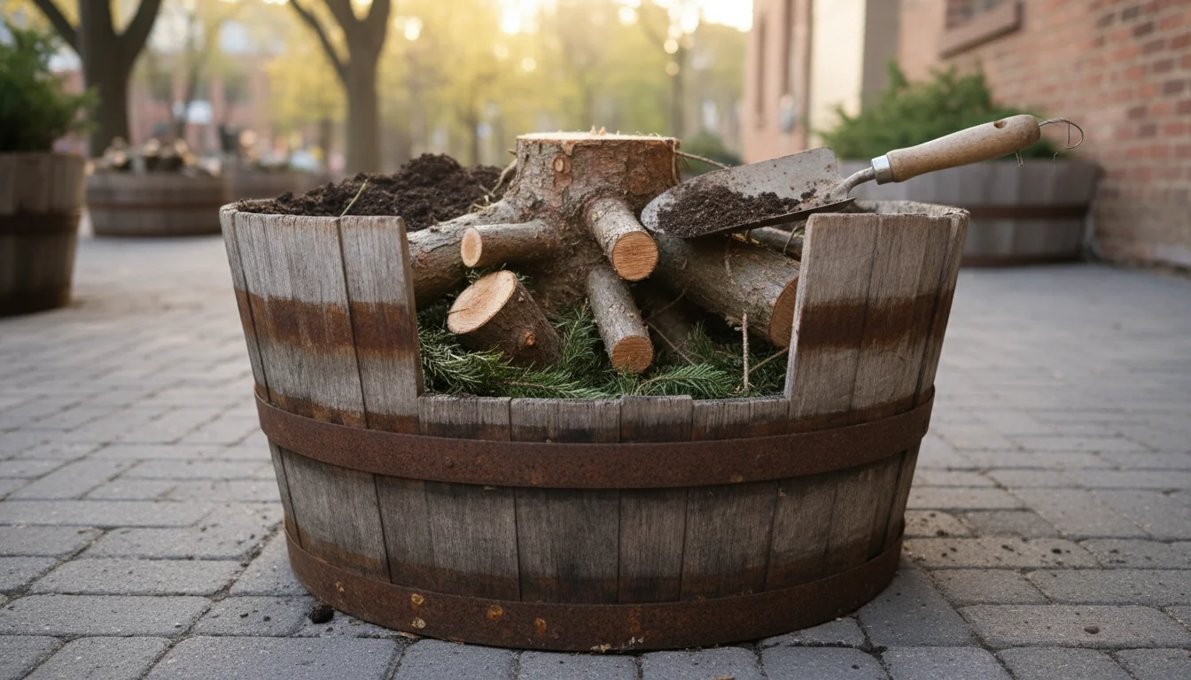 Rough-cut sections of a Christmas tree trunk and branches are visible at the bottom of a large whiskey barrel planter, partially covered by soil, on a