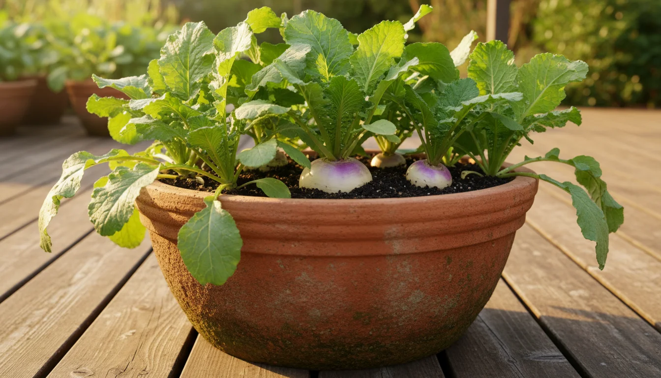 A round terracotta pot on a wooden deck, filled with turnip plants. A mature turnip root peeks from soil, surrounded by lush green leaves.
