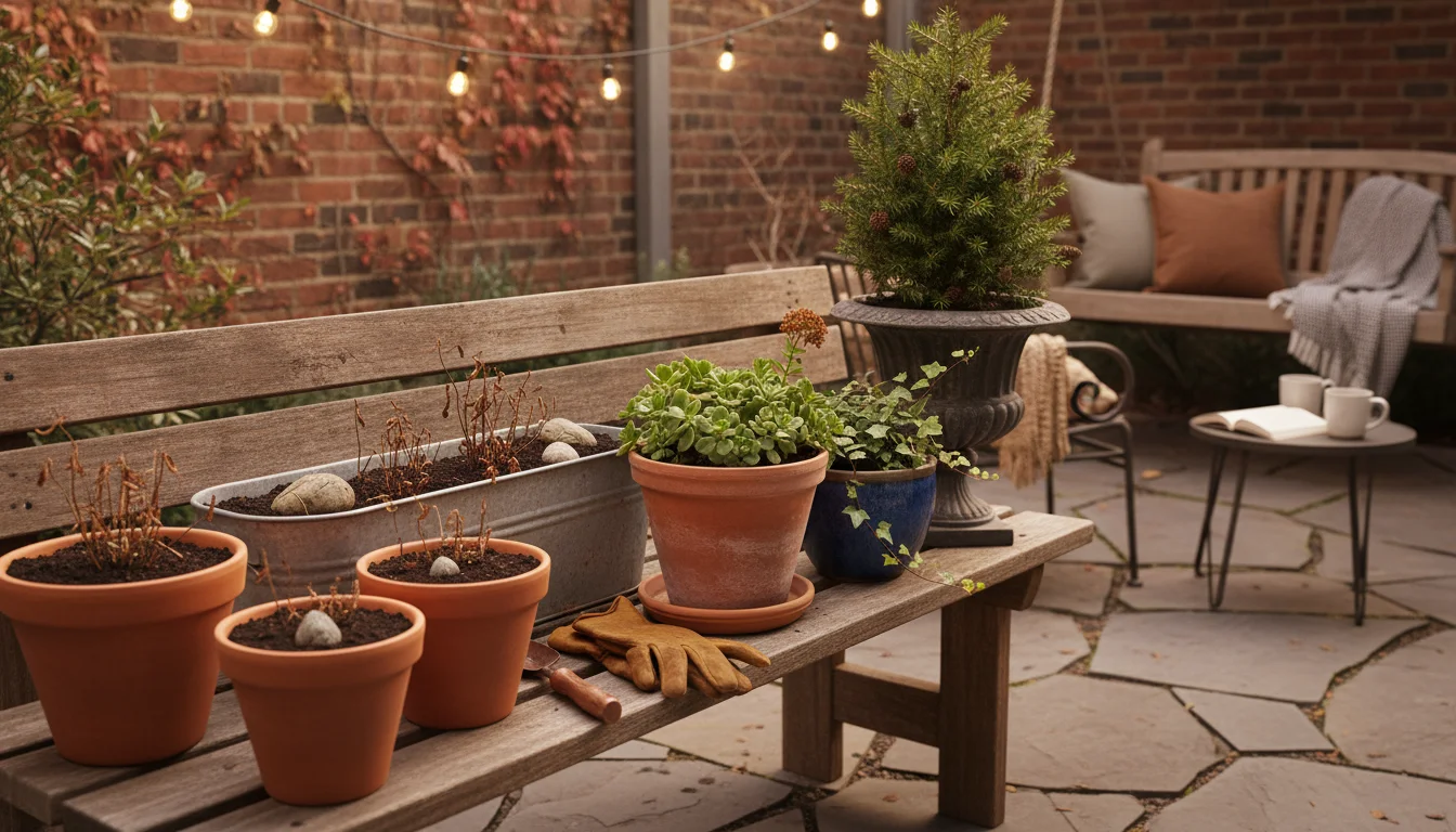 Row of container gardens on a wooden bench, some with bare, compacted soil, others with lush green cover crops protecting the soil surface in autumn.