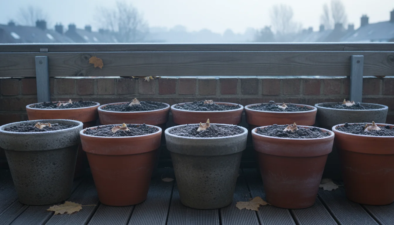 Row of sturdy terracotta and concrete pots holding newly planted bulbs on an urban balcony, with subtle frost, under a soft winter sky.
