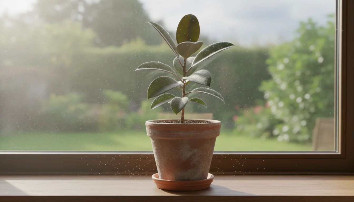A rubber plant with dull, dust-coated leaves in a terracotta pot on a sunlit windowsill.