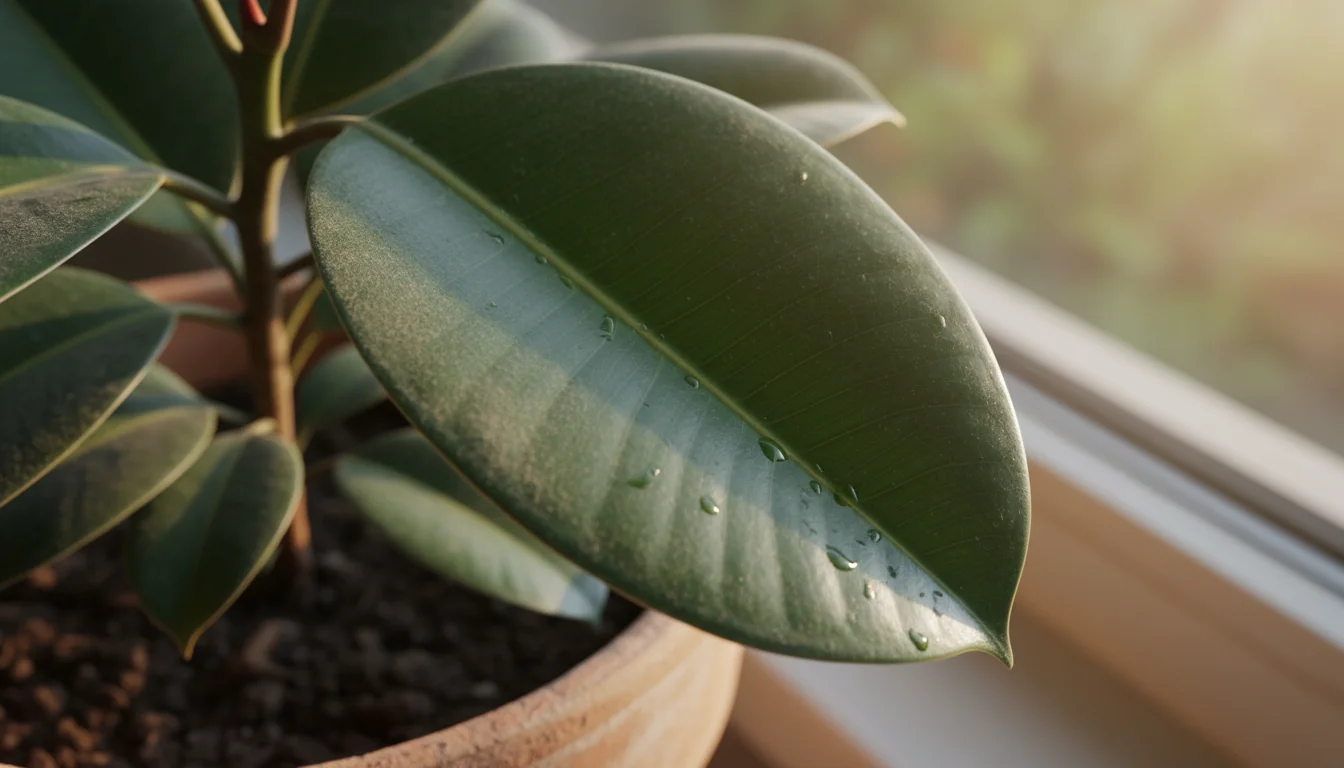 Close-up of a rubber plant leaf, half covered in dust and half clean, catching a subtle beam of sunlight.