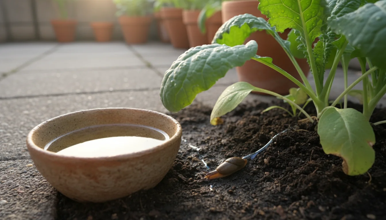 A rustic beer trap in a patio container garden, with a small slug approaching the dish of beer near lush leafy greens.