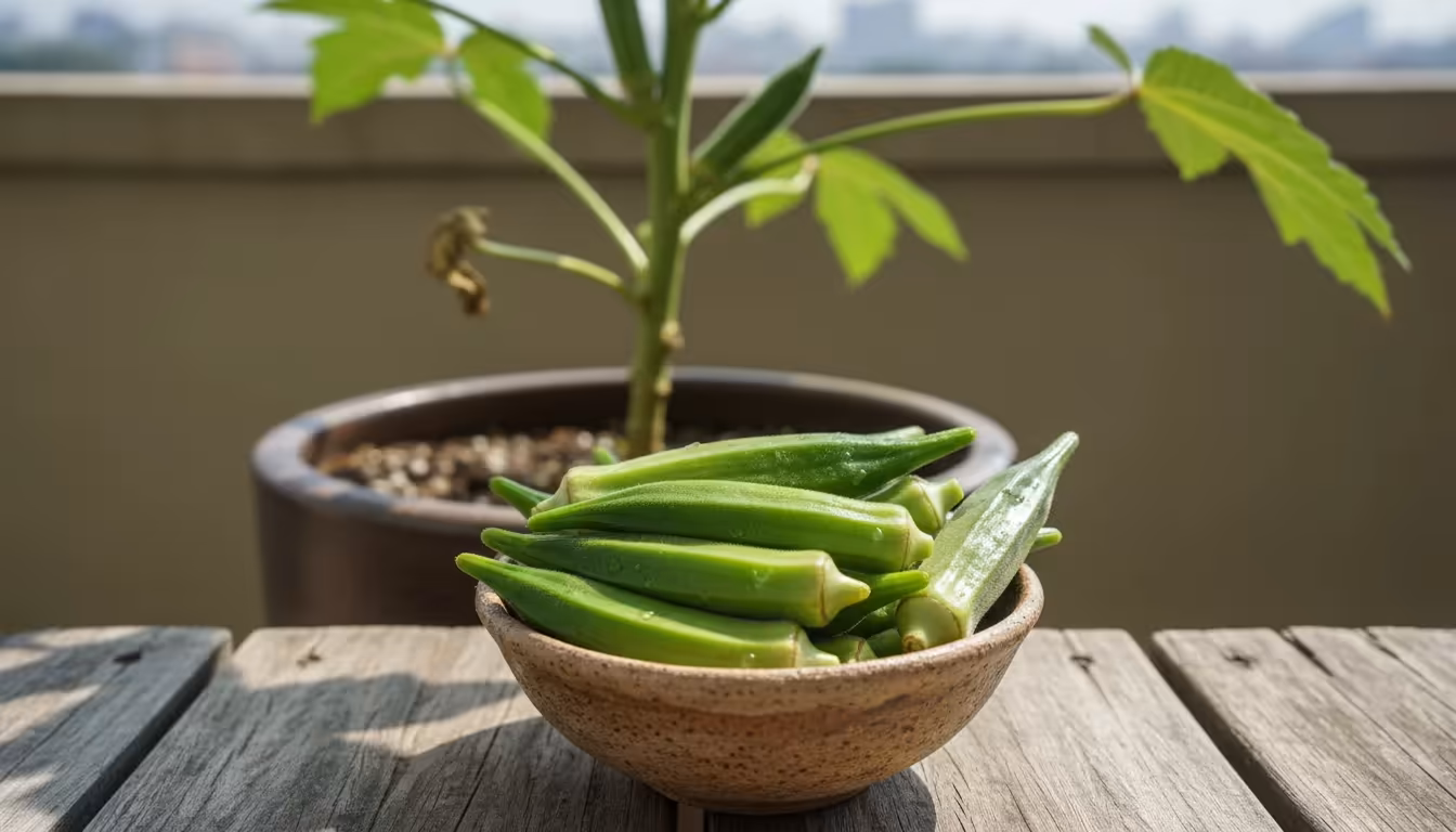A rustic bowl brimming with freshly harvested green okra pods on a sunny wooden balcony deck, a gardener's hand gently resting nearby.