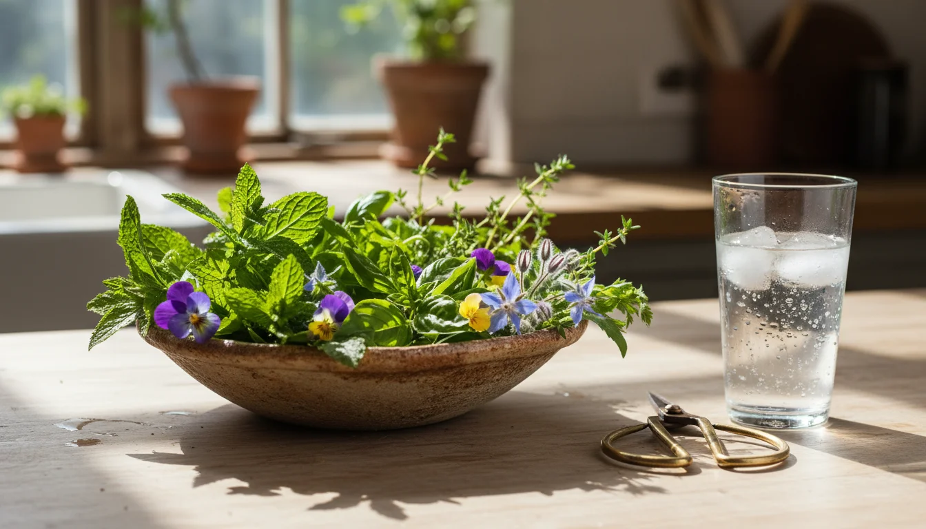 A rustic bowl brimming with freshly harvested mint, basil, thyme, and colorful violas on a kitchen island, with snips and a glass of water, and contai