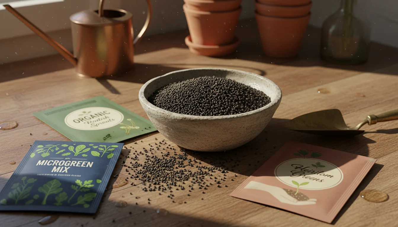 Overhead view of a rustic bowl brimming with microgreen seeds, surrounded by three distinct, high-quality seed packets on a sunlit kitchen counter.