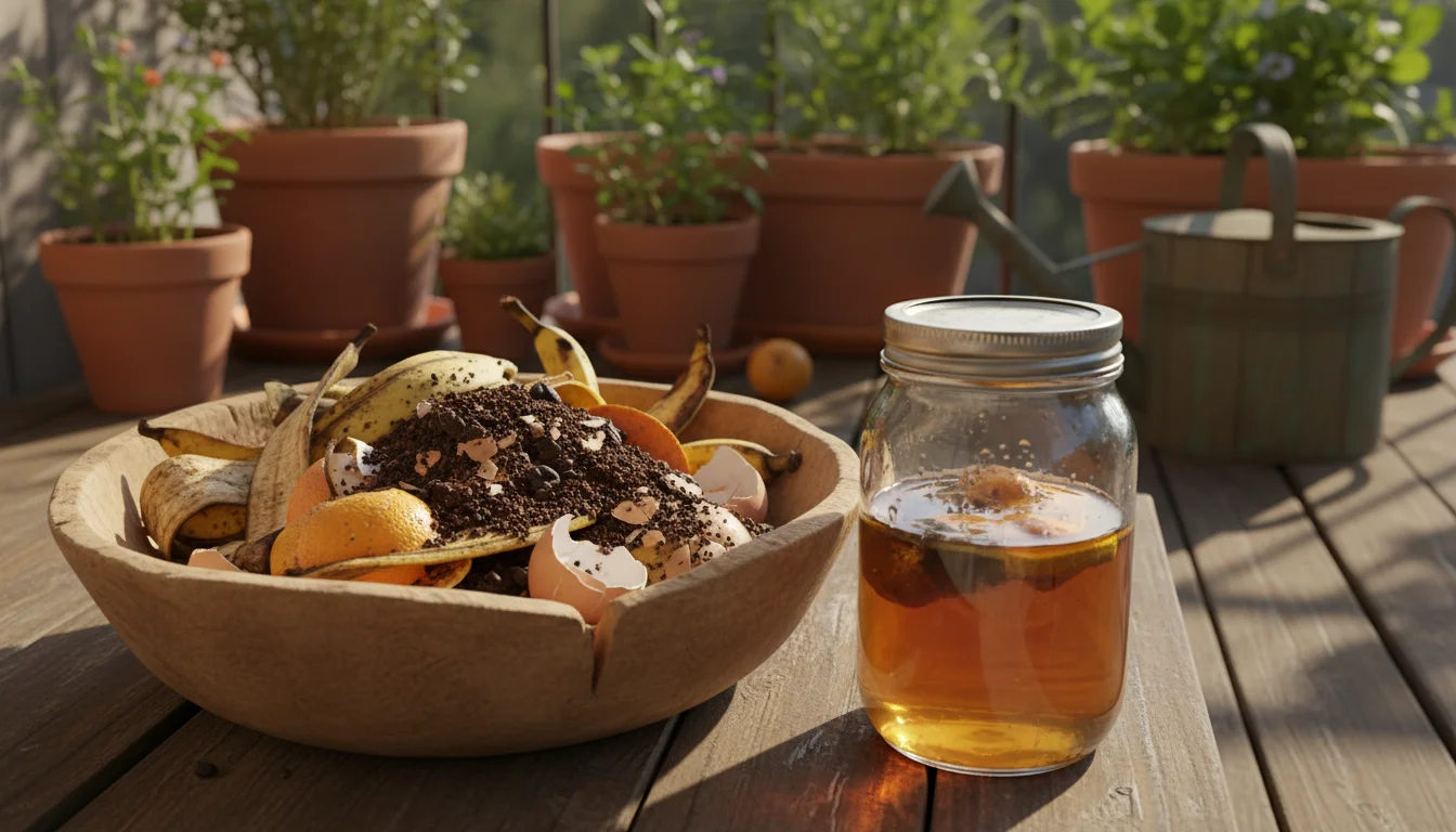 Rustic bowl of kitchen scraps (peels, coffee grounds, eggshells) next to a jar of steeping 'fertilizer tea,' with thriving balcony plants behind.