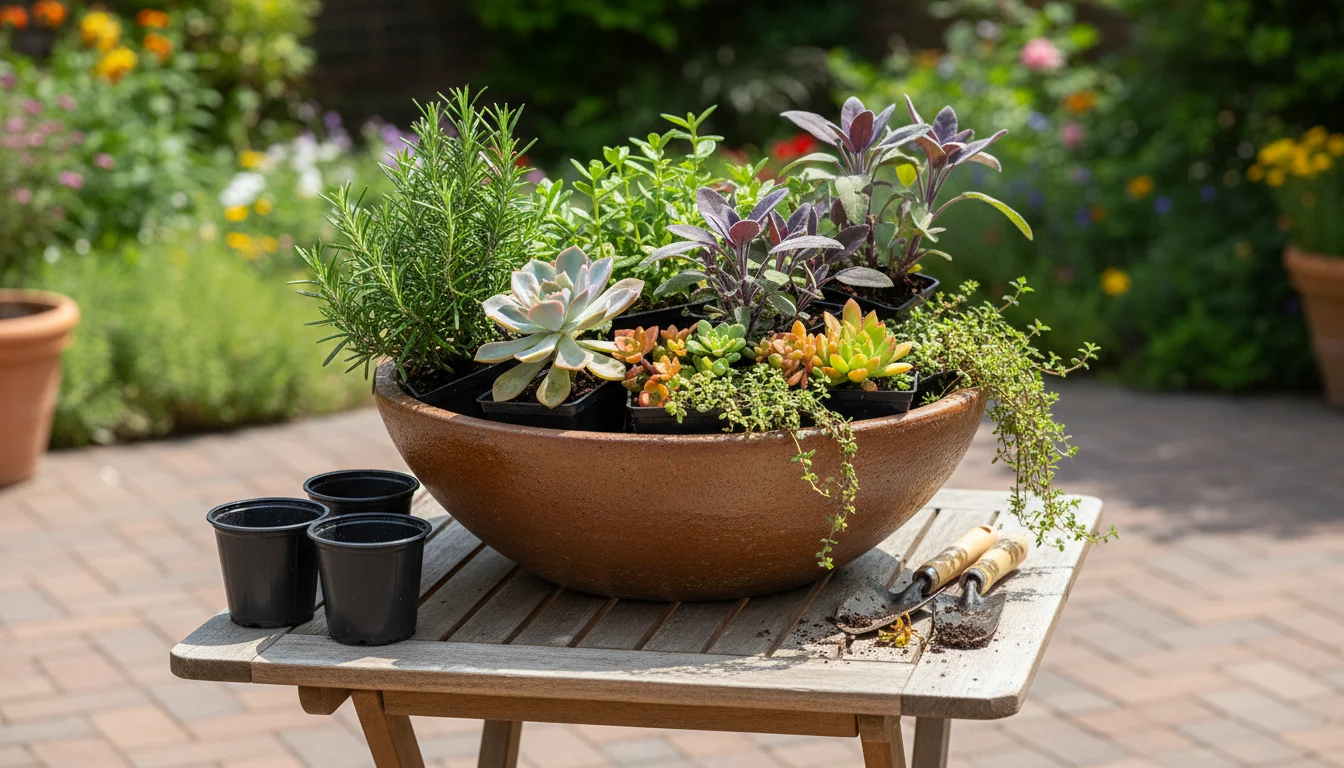 A rustic ceramic bowl holds several small nursery pots of herbs and succulents, arranged on a weathered patio table for a centerpiece trial.