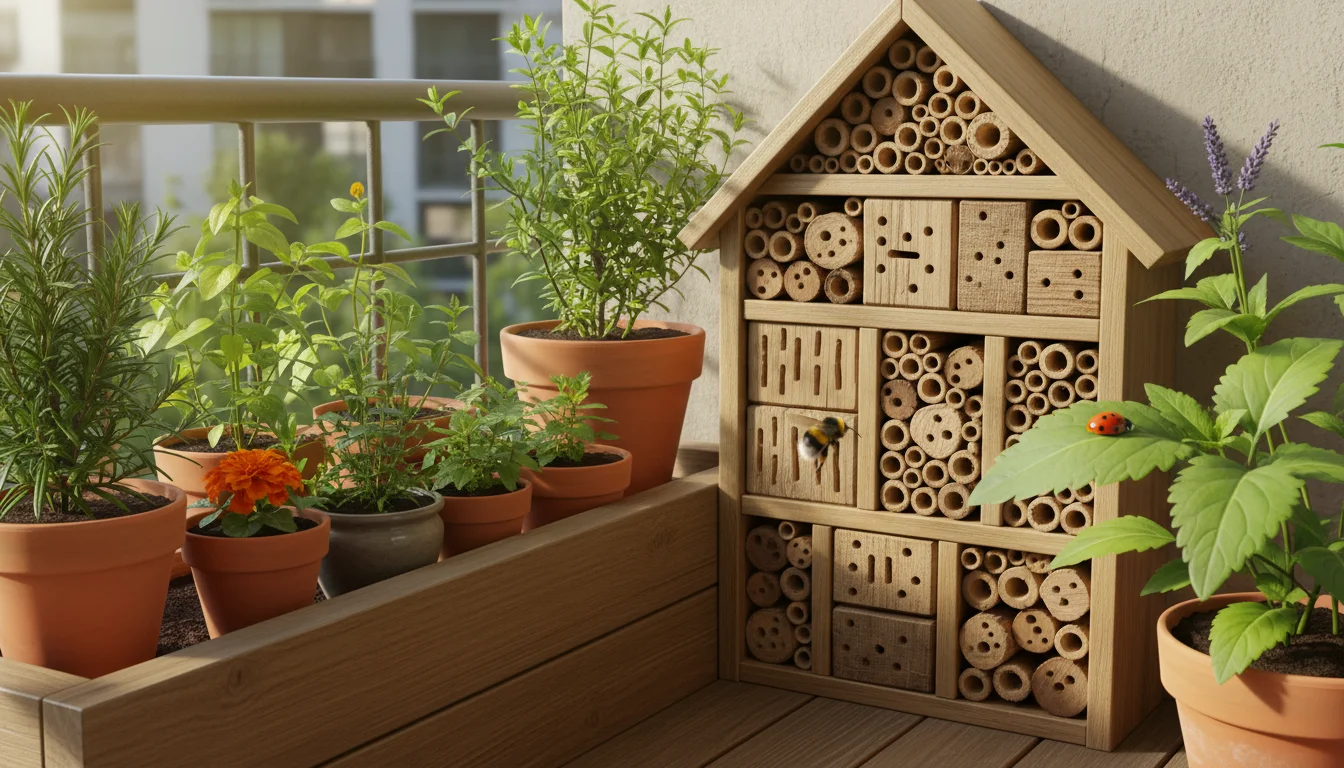Rustic-chic bug hotel made of natural materials on a sunlit urban balcony, surrounded by healthy container plants. A solitary bee approaches one of it