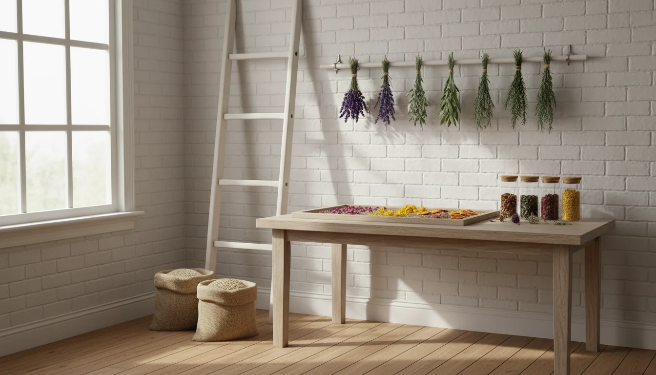A rustic corner setup for air-drying herbs, featuring bundles hanging from a wooden ladder and leaves on a DIY mesh screen.