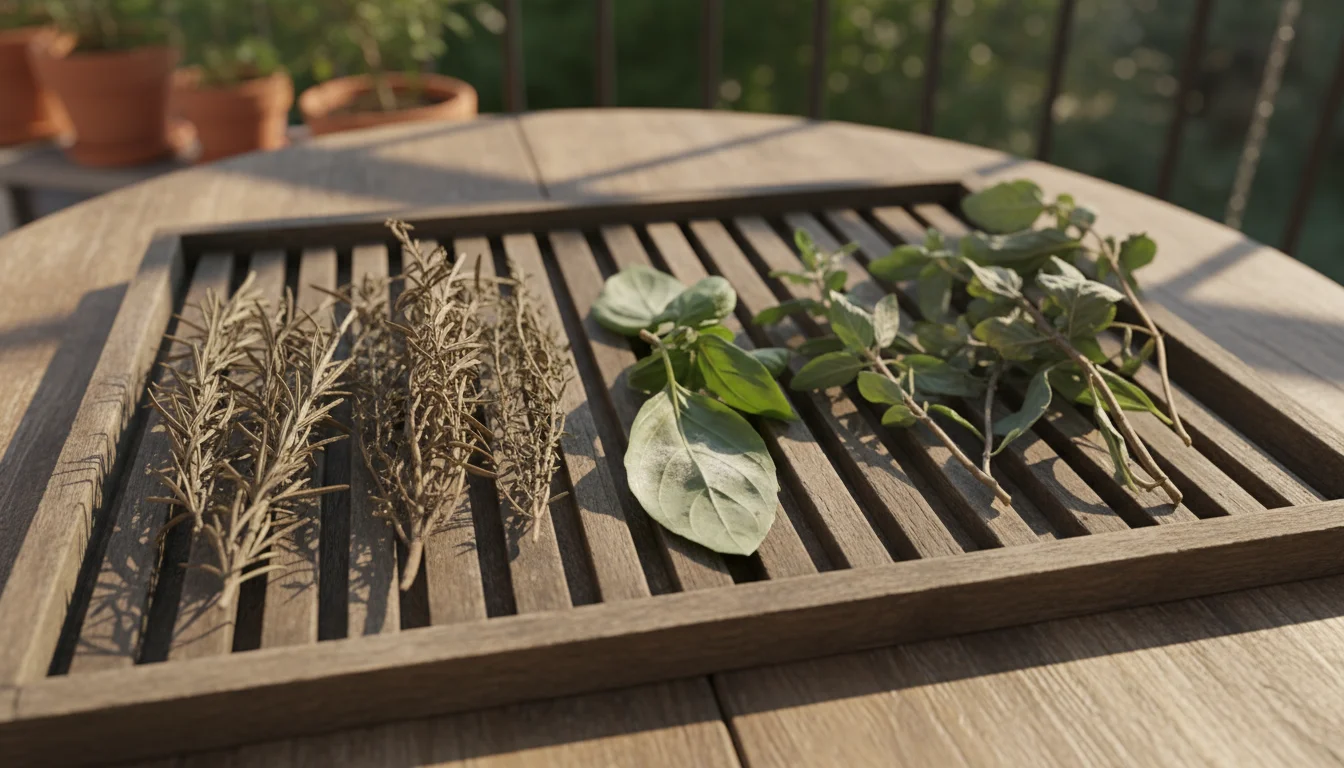 Rustic drying rack on a balcony table with some perfectly dried herbs and others showing signs of moisture and a hint of mold. A clumpy jar of herb sa
