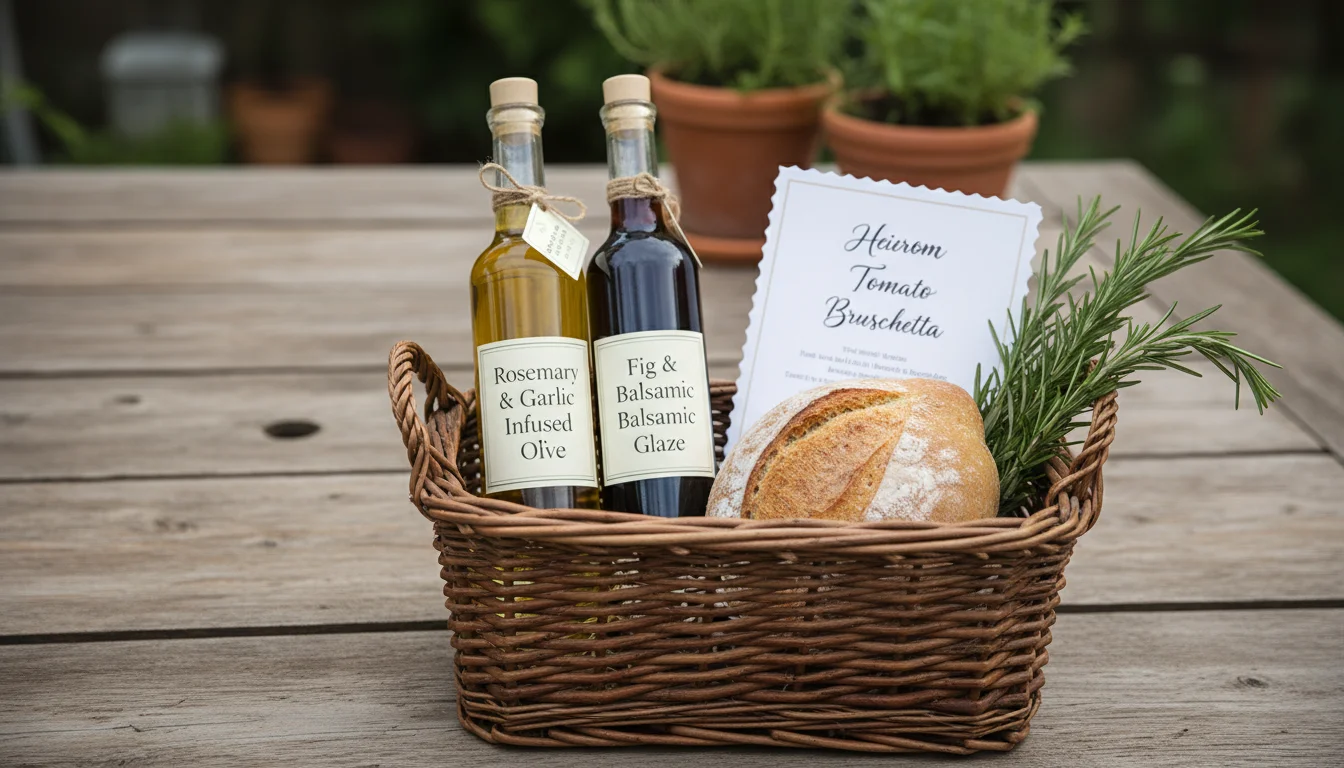 A rustic gift basket holds two labeled glass bottles of herb-infused oil and vinegar, a small loaf of bread, and a recipe card.