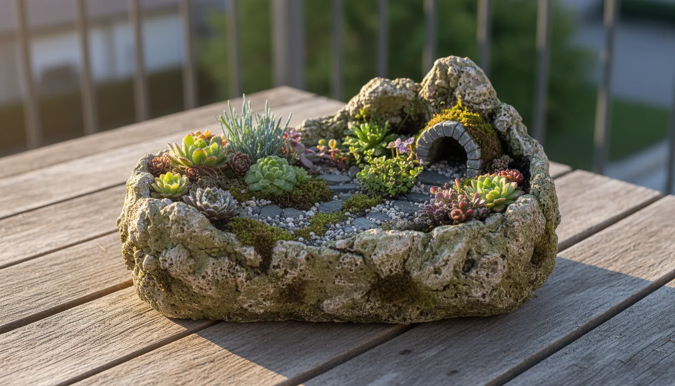 A rustic hypertufa trough garden filled with small alpine plants like sedums and sempervivums, sitting on a wooden balcony table.