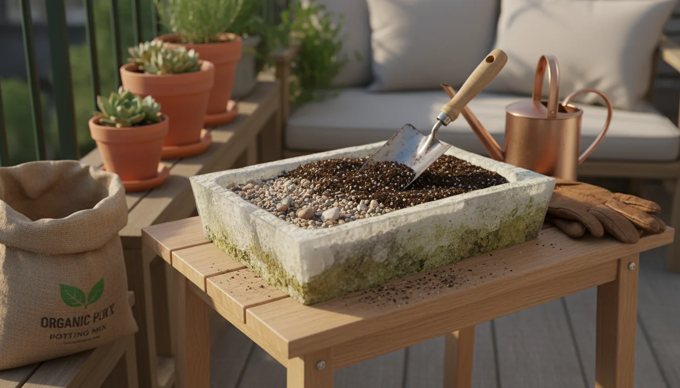 Rustic hypertufa trough on a wooden table, half-filled with gravel and gritty soil. Miniature alpine plants in pots wait beside it.