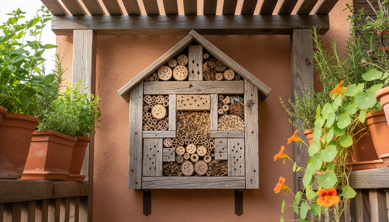 Rustic insect hotel mounted on a sheltered balcony wall, with potted herbs nearby, bathed in morning sun.