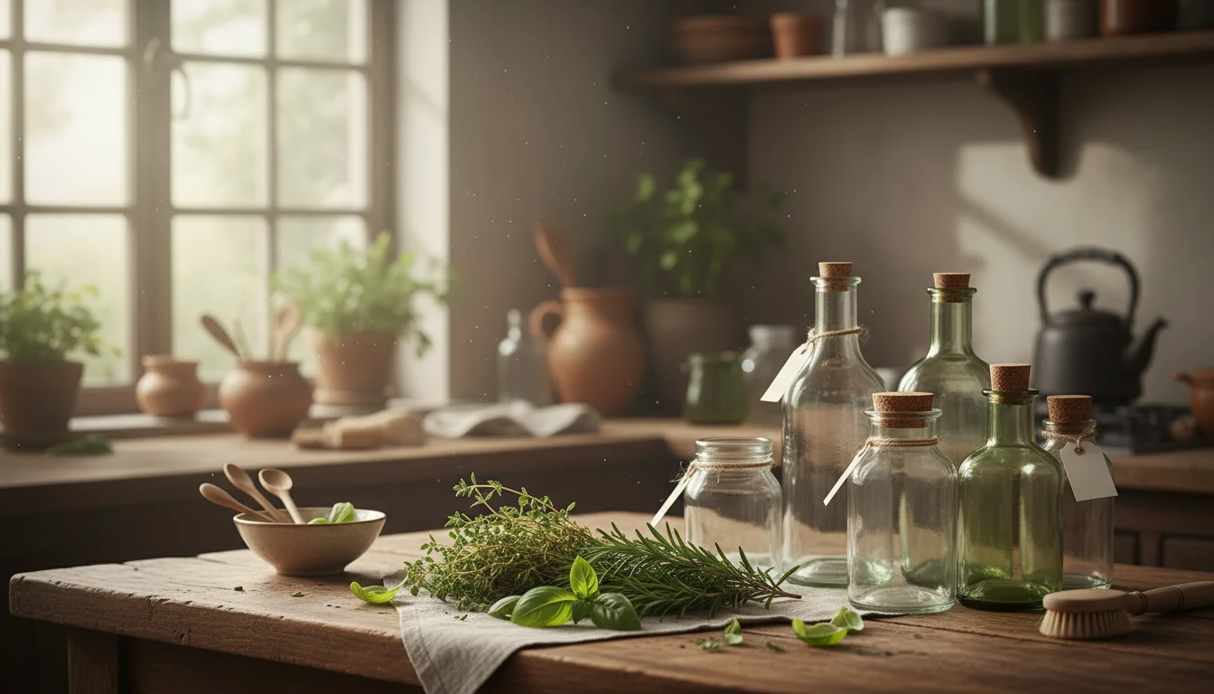 Rustic kitchen counter with freshly harvested thyme, rosemary, basil, bottles of olive oil, white wine vinegar, empty glass infusion bottles, a funnel