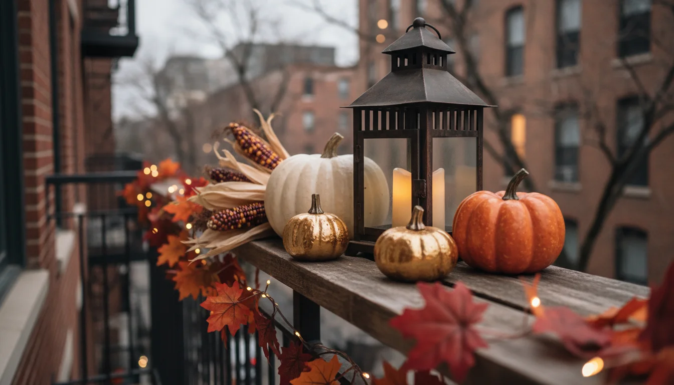 Rustic metal lantern with glowing LED candle, flanked by faux white, gold, and orange pumpkins on a weathered wooden balcony shelf.