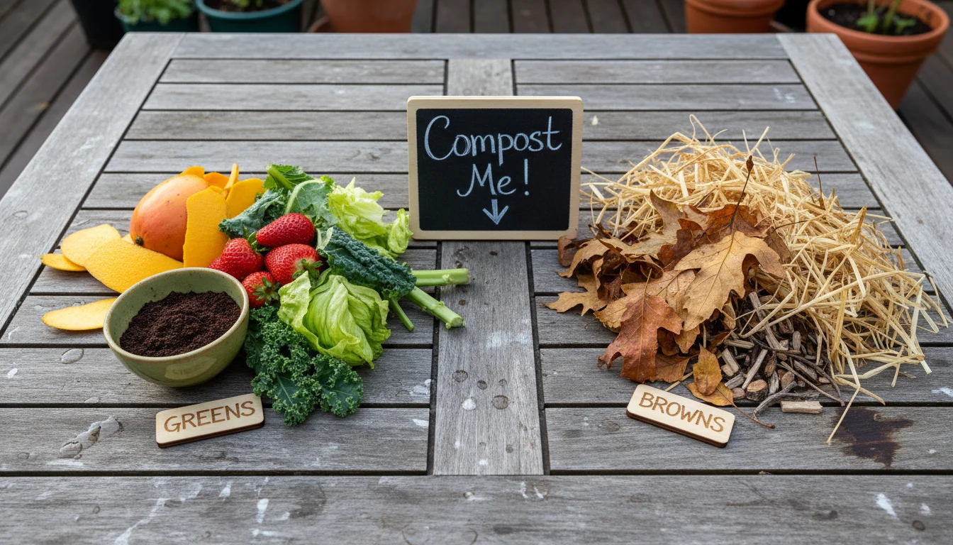 Rustic patio table with compostable materials: fruit/veg scraps, coffee grounds (greens), dry leaves, shredded paper, eggshells (browns).