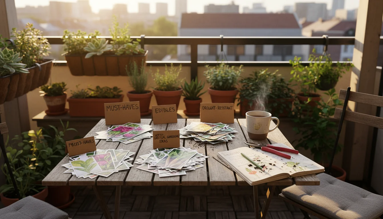 A rustic patio table on a sunny balcony displaying categorized piles of plant clippings from seed catalogs next to an open gardening journal.