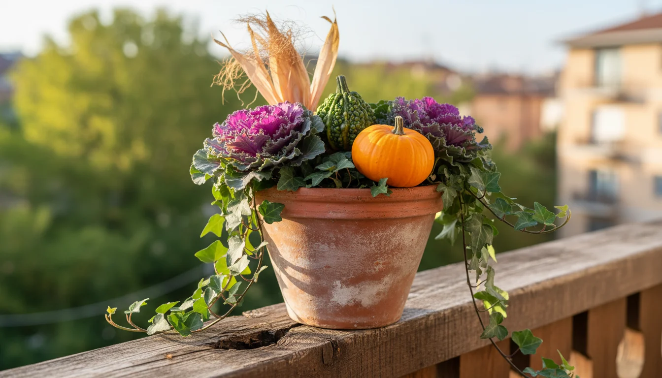 Close-up of a rustic terracotta pot on a balcony railing, filled with ornamental kale, mini pumpkins, gourds, dried corn, and a branch with red fall l