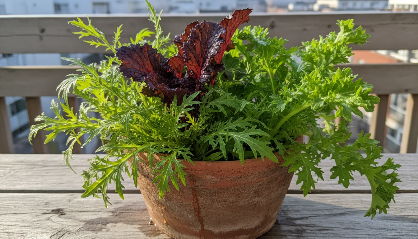 A rustic terracotta pot overflowing with a mix of vibrant green 'Mizuna', red 'Red Giant', and ruffled green 'Green Wave' mustard greens on a weathere