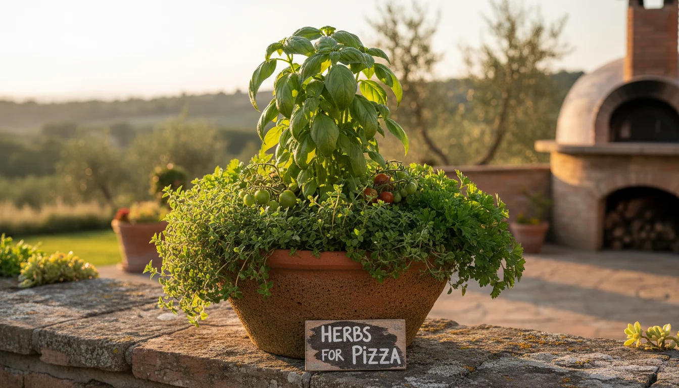 A rustic terracotta pot on a stone wall, showcasing upright basil, sprawling oregano, and cascading thyme, illustrating their complementary growth hab