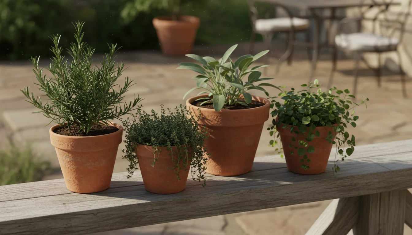 Rustic terracotta pots with healthy rosemary, thyme, sage, and oregano herbs on a weathered wooden railing, bathed in dappled sunlight.