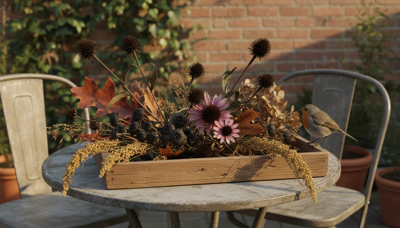 A rustic tray on a sunlit patio table holds a collection of dried coneflower, black-eyed Susan, millet, and zinnia seed heads.